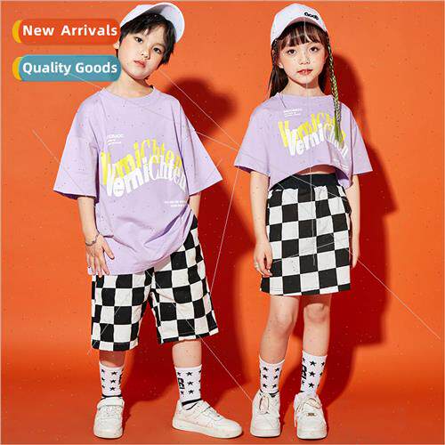 Childrens checkerboard shorts set dance permance su boys coo