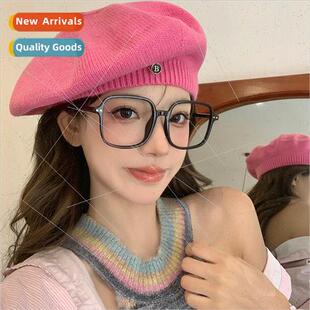 thin knted big Korea breathable ins female beret red Rose