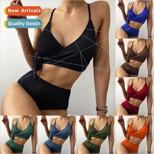 2022 New Swimwear Solid Color Small P Stripe de Tie High Wai