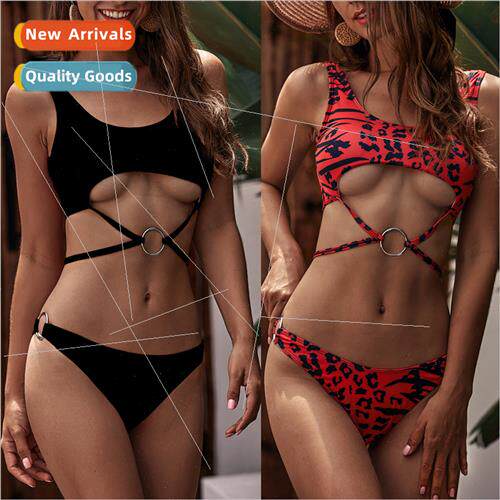 Womens Swimwear Leopard Sexy Metal Button Strappy Bikini i20