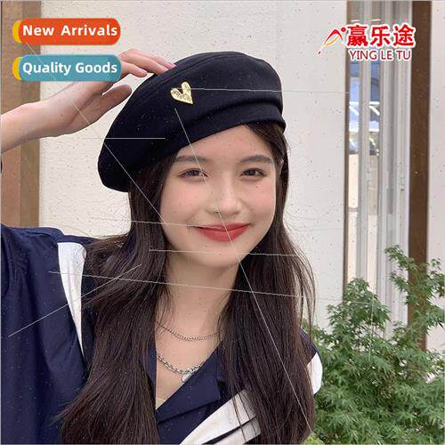 Beret female fall winter love metal label black ins show fac