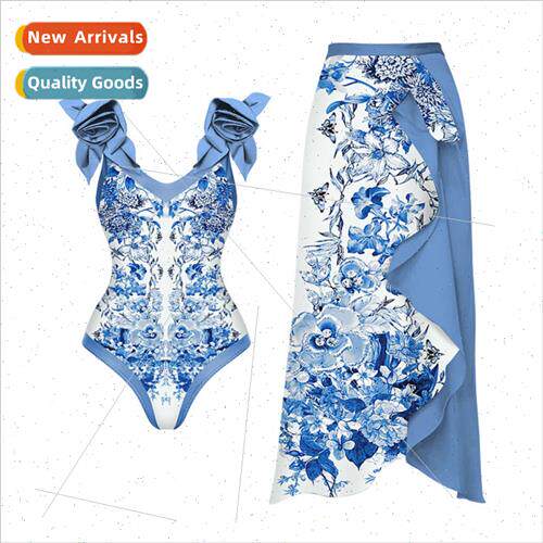Cold Blue Floral One Piece Swimsu 2023 Europe New Handmade R