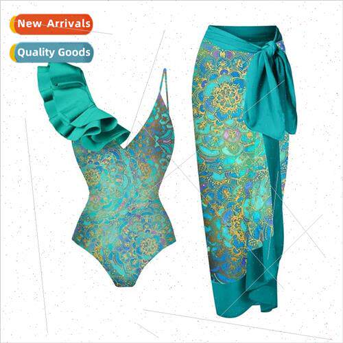 Ruffle Printed Swimsu Europe New One Piece Swimsu Beach Vaca