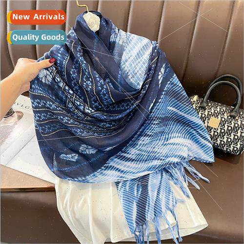Spring Autumn warm windproblue batik long cotton silk scarf
