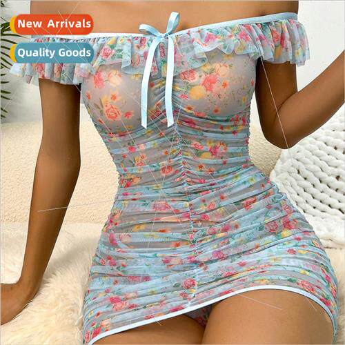 New see-through sexy floral lingerie mesh printed ruffled se