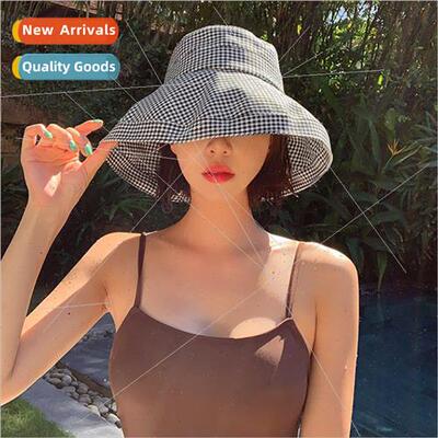 Sun hat outdoor large brim plaid face sunscreen female summe