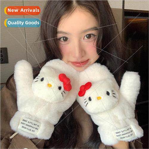 Cute plush gloves female fall winter riding warm padded stud