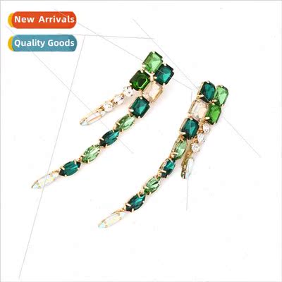 ins vacation retro long glass diamond tassel earrings exagge