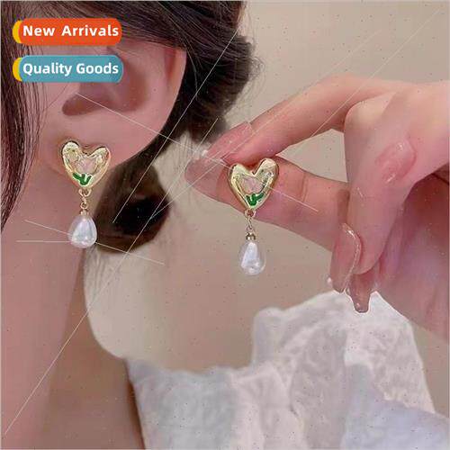 French retro tulip pearl earrings gentle niche senior love e
