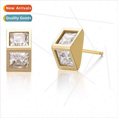 Korea hot drama square diamond 925 silver pin earrings anti-