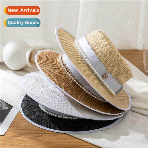 Korean  flat top pearl straw hat female wrapped M  letters f