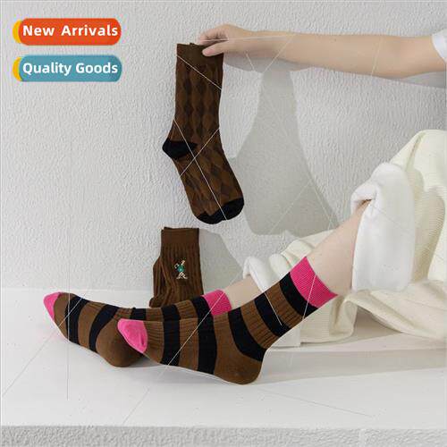 Coffee color splicing mid-calf cotton socks in the fall new