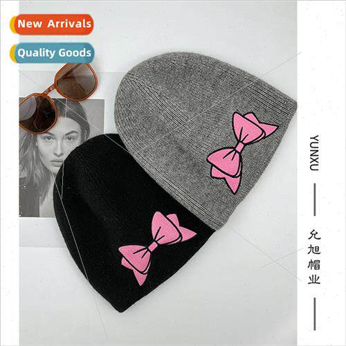 Pink bow knted wool cap children fall winter ear protection