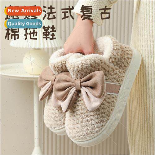 Plush cotton slippers female cute bow winter 2023 new indoor
