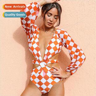 sleeve one 2023 women swimsu long bikini piece plaid Retro