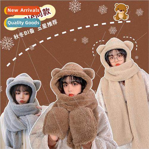 Bear ears hat female fall winter wh cute neck scarf hooded o