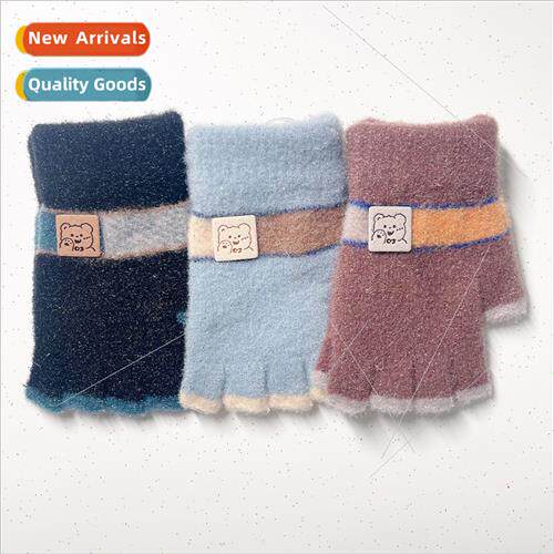 Children gloves fall winter warm wool knting cute plush stud