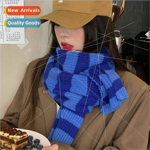 ins blue scarf female winter 2022 new knted striped shawl co