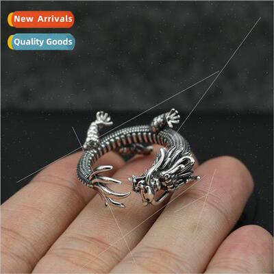 Green dragon dragon head ring men engraving vintage Thai sil
