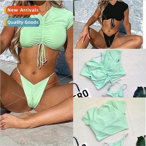2024 New Bikini Swimsu Solid Color Drawstring Half Sleeve Eu