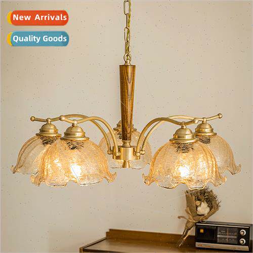 French retro crackle glass walnut chandelier copper pleated