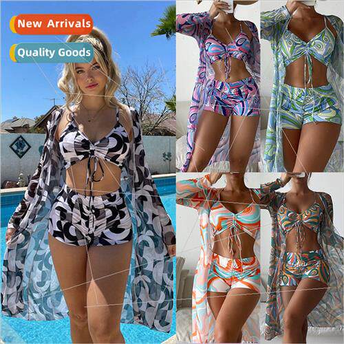 2024 New Womens 3-Piece Bikini Mesh Cover-up Gradient Printe