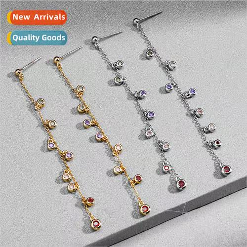 Copper plated gold inlaid zirconium long tassel earrings fem