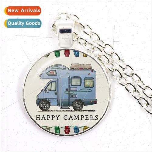 Novelty Hippie Cute Campervan Time Gemstone Glass Pendant Ne
