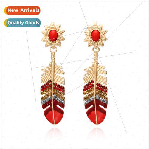 New creative alloy oil drip diamond feather earrings big met