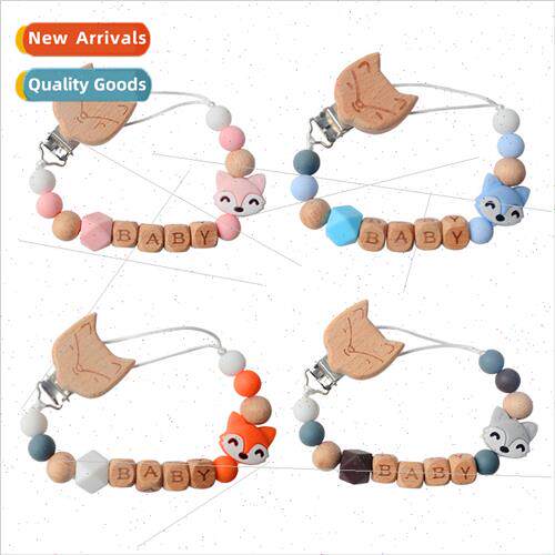Fox Beechwood Pacifier Clip licone Fox Bead Anti-Loss Chain