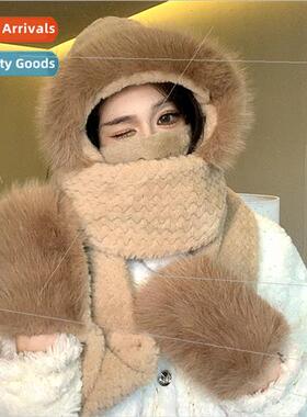 Cute plush hat scarf all-in-one threePCS female fall winter