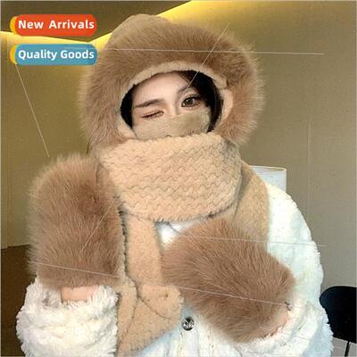 Cute plush hat scarf all-in-one threePCS female fall winter