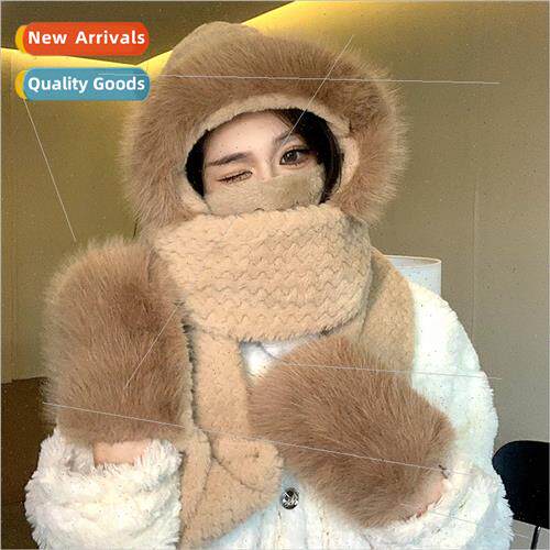 Cute plush hat scarf all-in-one threePCS female fall winter