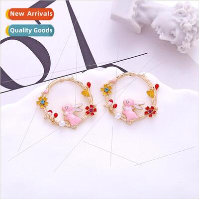 Korea  new cute diamond-set colorful wreath rabb earrings te