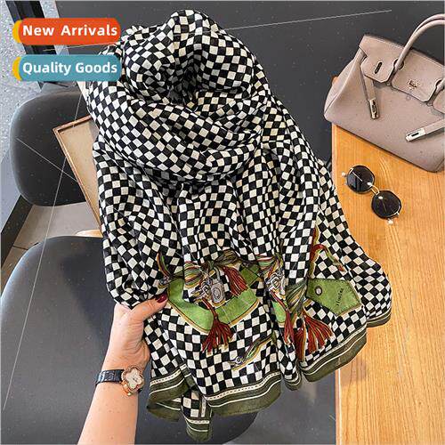 Chess grid cotton linen scarf female fall winter Korea  warm