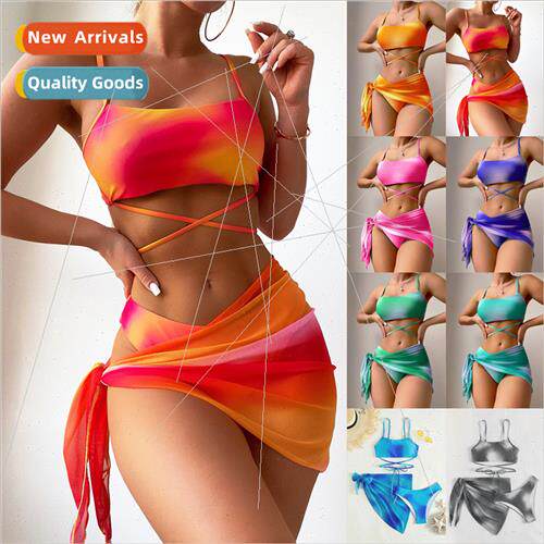 2024Europe Tie-Dye Bikini Swimsu Women Three Piece Mesh Skir
