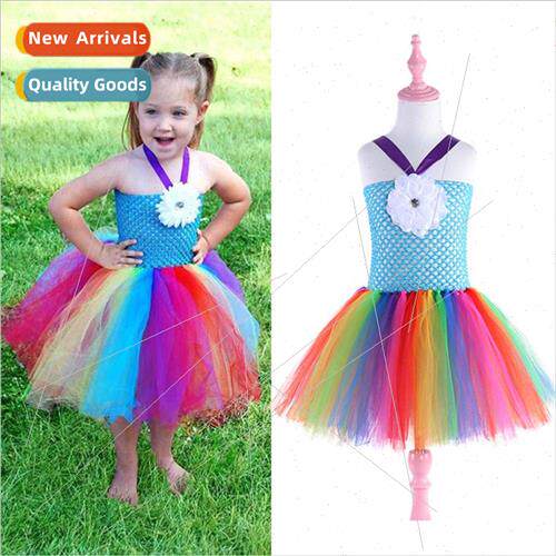 Europe new childrens handmade flower dress colorful rainbow