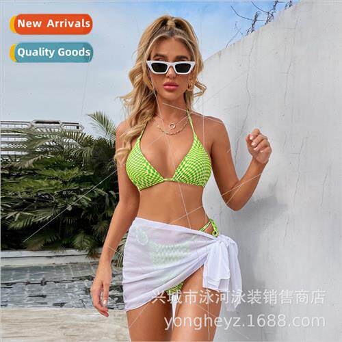 2021 New Europe Bikini Swimsu Womens Sexy Green Plaid Spl Th