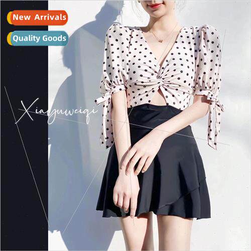One-piece skirted swimsu female polka dot ins high waist sen