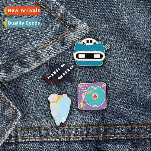 cartoon airplane record player pin alloy oil drop brooch cre