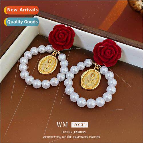 lver needle flocking red flowers pearl earrings Korea fall w