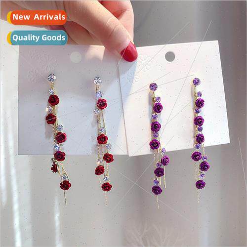Flower long earrings versatile red rose flower flowers long