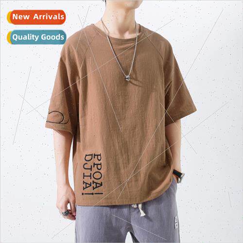 2023 cotton linen short-sleeved t-shirt men mouse printing f