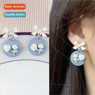 rose cartoon earrings new sweet blue bow girl haze