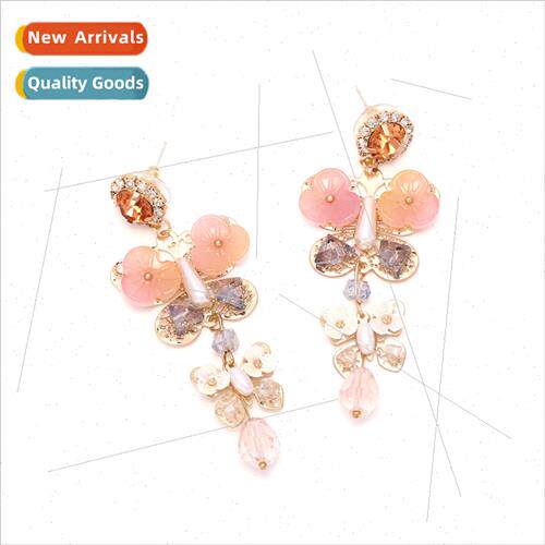 fresh sweet long colorful flowers butterfly earrings tempera