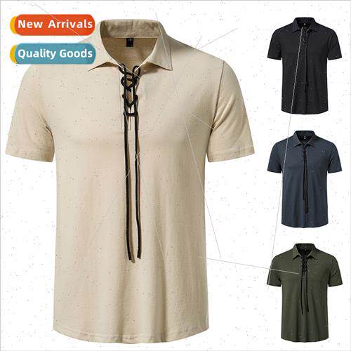 Men Lapel Collar Tie-Dye Casual wh Pocket Short Sleeve T-Shi