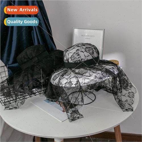 French celebry large brim Hepburn mesh veil masked straw hat