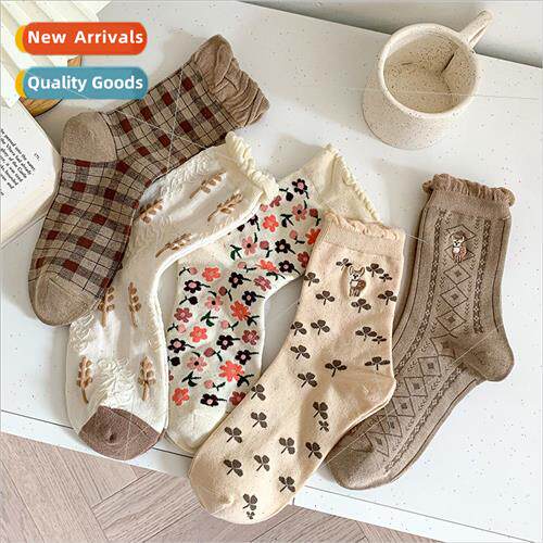 Socks female cotton mid-calf socks spring fall retro diamond