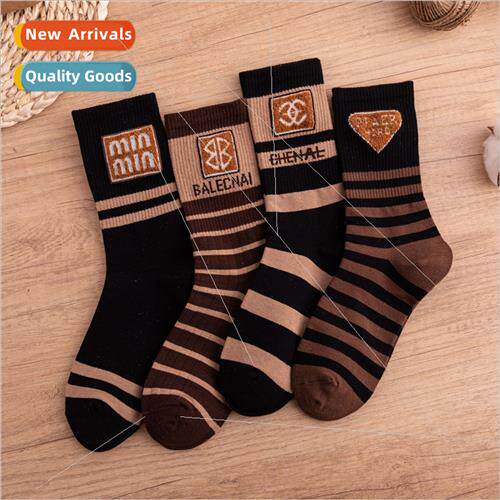 Retro curry letters striped mid-calf womens socks autumn and