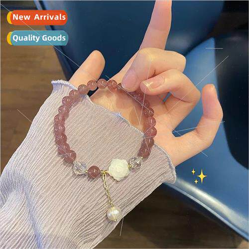 Sweet pink strawberry crystal rose flower pearl bracelet fem